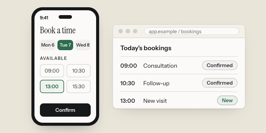 A booking app on an iPhone with a time being chosen, beside the web view that lists the day's bookings.