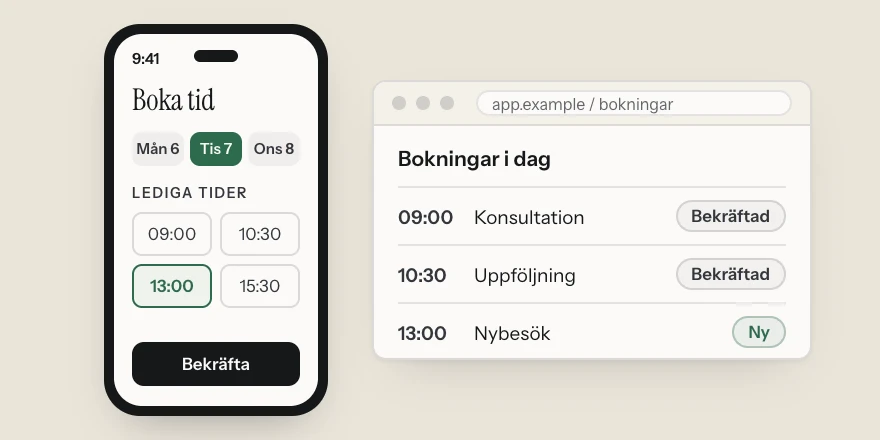En bokningsapp i en iPhone där en tid väljs, bredvid webbvyn som listar dagens bokningar.