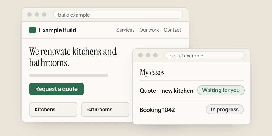 A simple company website with a button to request a quote, and in front of it the client portal where that quote waits for a reply.