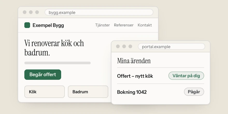 En enkel företagssajt med en knapp för att begära offert, och framför den kundportalen där offerten väntar på svar.